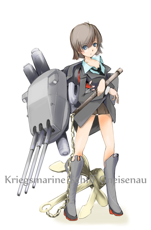 1girl anchor blue_eyes boots brown_hair character_name female_focus german_text gneisenau grey_boots gun knee_boots kriegsmarine looking_away loose_necktie mecha_musume military nano_(nanosize) necktie original panties personification ship short_hair simple_background skirt solo translated turret underwear watercraft weapon world_war_ii
