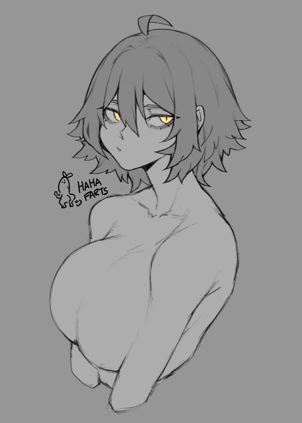 1girl ahoge artist_self-insert breasts chris_(ginseng) collarbone commentary cropped_torso double-parted_bangs english_commentary english_text fart ginseng_(xin) greyscale hair_between_eyes large_breasts monochrome no_nipples original short_hair sidelocks sketch spot_color yellow_eyes