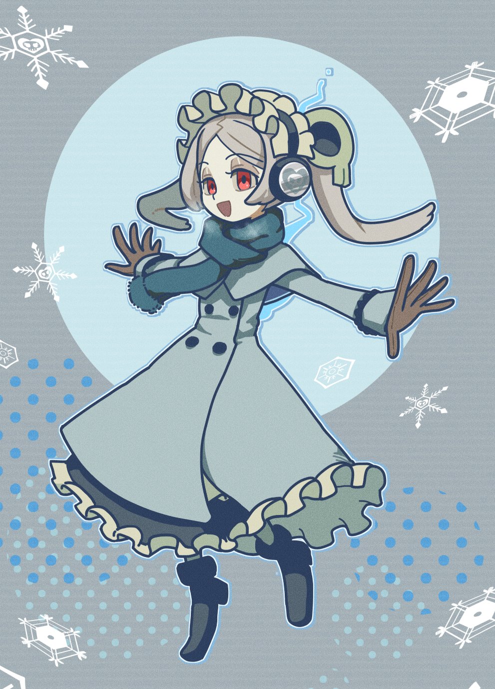 1girl alternate_costume bloody_marie_(skullgirls) bonnet boots buttons coat double-breasted dress earmuffs full_body gloves grey_background grey_hair highres kuroirozuki looking_at_viewer open_mouth outstretched_arms red_eyes scarf skullgirls smile snowflakes solo twintails