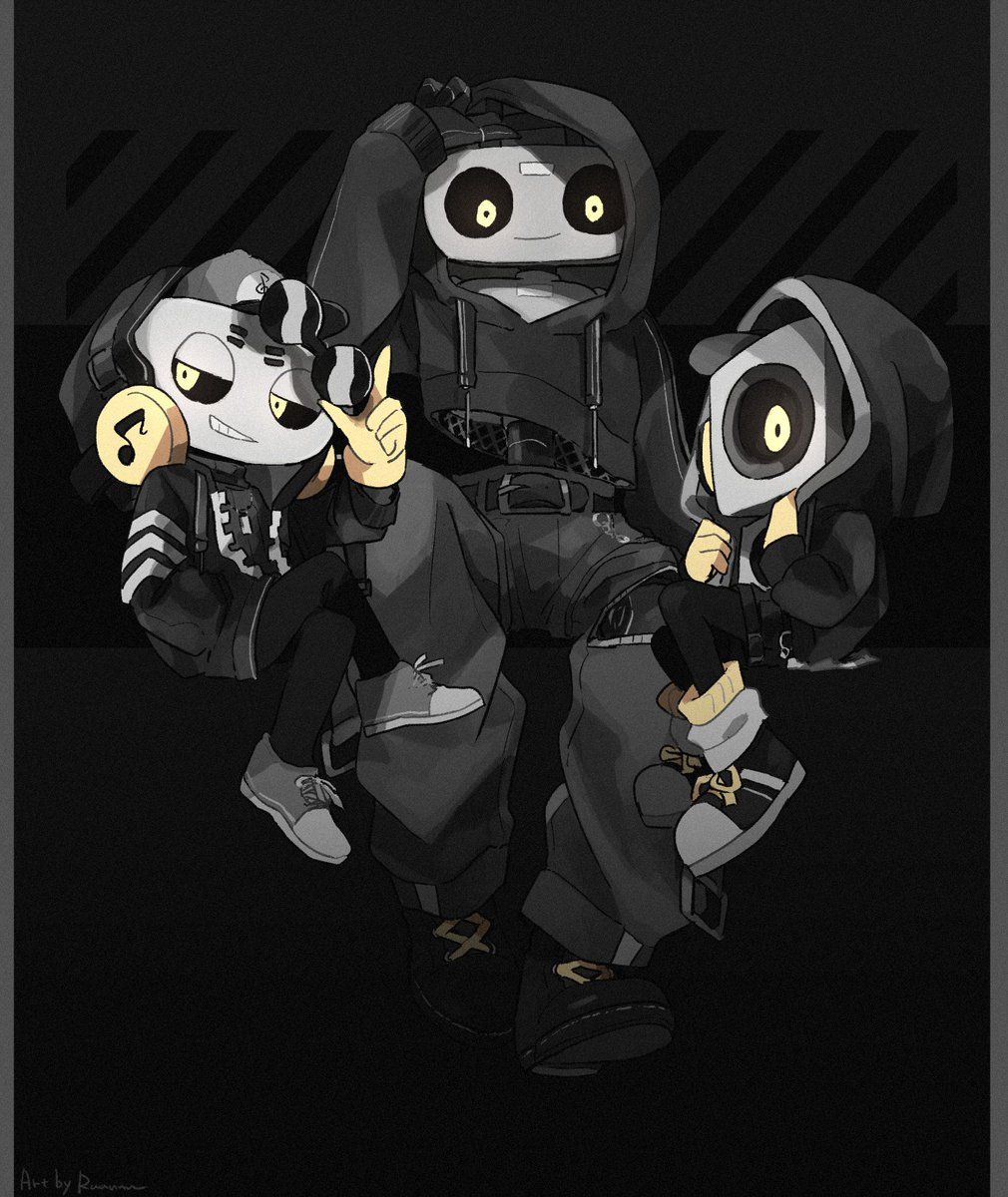 3boys adjusting_clothes adjusting_hood alternate_costume artist_name bad_id bad_twitter_id baggy_pants belt black_background cap&#039;n_(deltarune) cassette_player cd_player closed_mouth commentary crossed_legs deltarune full_body gloves greyscale grin hand_in_pocket hat highres holding holding_removed_eyewear hood hood_up hooded_jacket hoodie humanoid_robot inactive_account invisible_chair jacket k_k_(deltarune) looking_at_viewer male_focus monochrome multiple_boys musical_staff musical_staff_print object_head open_clothes open_jacket pants pillarboxed ribbed_sweater robot ruannu shoelaces shoes shorts simple_background sitting smile socks speaker spot_color sunglasses sweater sweet_(deltarune) symbol-only_commentary turtleneck turtleneck_sweater unworn_eyewear yellow_eyes yellow_gloves