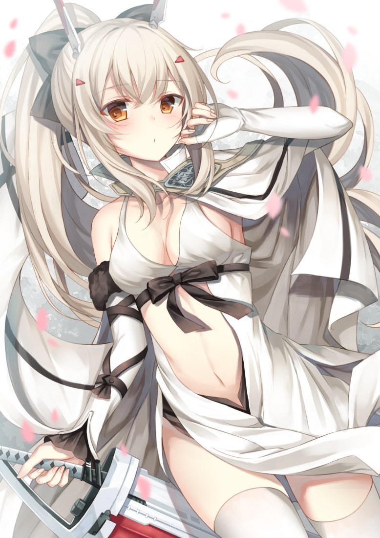 1girl ayanami_(azur_lane) azur_lane bare_shoulders blush bow breasts cleavage cosplay drag-on_dragoon drag-on_dragoon_3 dress gloves hair_between_eyes headgear long_hair looking_at_viewer navel orange_eyes ponytail retrofit_(azur_lane) side_cape silver_hair small_breasts solo sugisaki_yuu sword thighhighs weapon white_dress white_thighhighs zero_(drag-on_dragoon) zero_(drag-on_dragoon)_(cosplay)