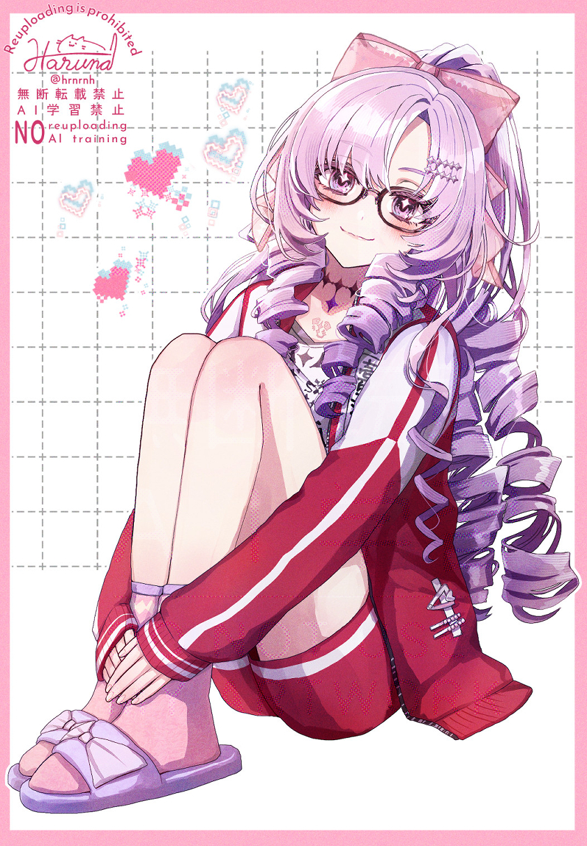 1girl artist_name black-framed_eyewear blush border bow chest_tattoo choker closed_mouth commentary_request drill_hair drill_sidelocks eyelashes glasses hair_between_eyes hair_bow hair_ornament hairclip haruna_(hrnrnh) heart high_ponytail highres hyakumantenbara_salome hyakumantenbara_salome_(casual) jacket knees_up long_hair long_sleeves looking_at_viewer nijisanji official_alternate_costume open_clothes open_jacket parted_bangs pink_border pink_bow pink_socks pixel_heart ponytail print_shirt purple_choker purple_eyes purple_hair purple_sandals red_jacket red_shorts red_track_suit sandals shirt short_shorts shorts sidelocks signature sitting sleeves_past_wrists slides smile socks solo tattoo track_jacket track_suit twitter_username virtual_youtuber watermark white_background white_shirt