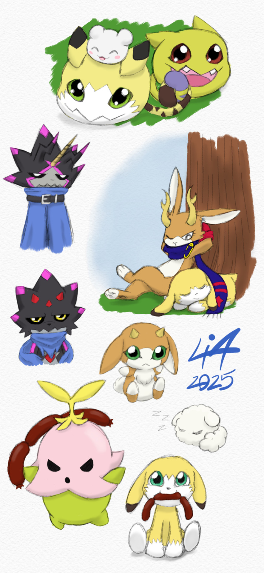 digimon digimon_(creature) dog food gammamon green_eyes gulusgammamon highres inkmonli4 lalamon looking_at_viewer meicoomon_baby meicoomon_child open_mouth oridigi original pyontomon sausage scarf simple_background sleeping tail white_background yukimibotamon