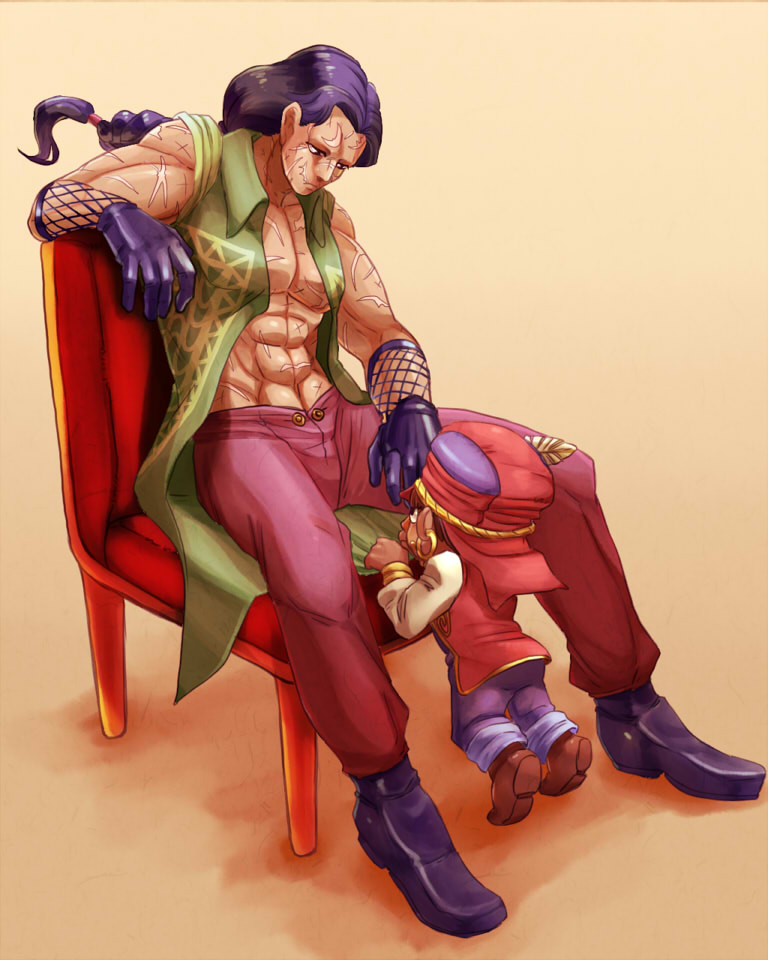 1boy braid chair devo doll ebony_devil gloves jojo_no_kimyou_na_bouken kamiura purple_hair scar sitting stand_(jojo)