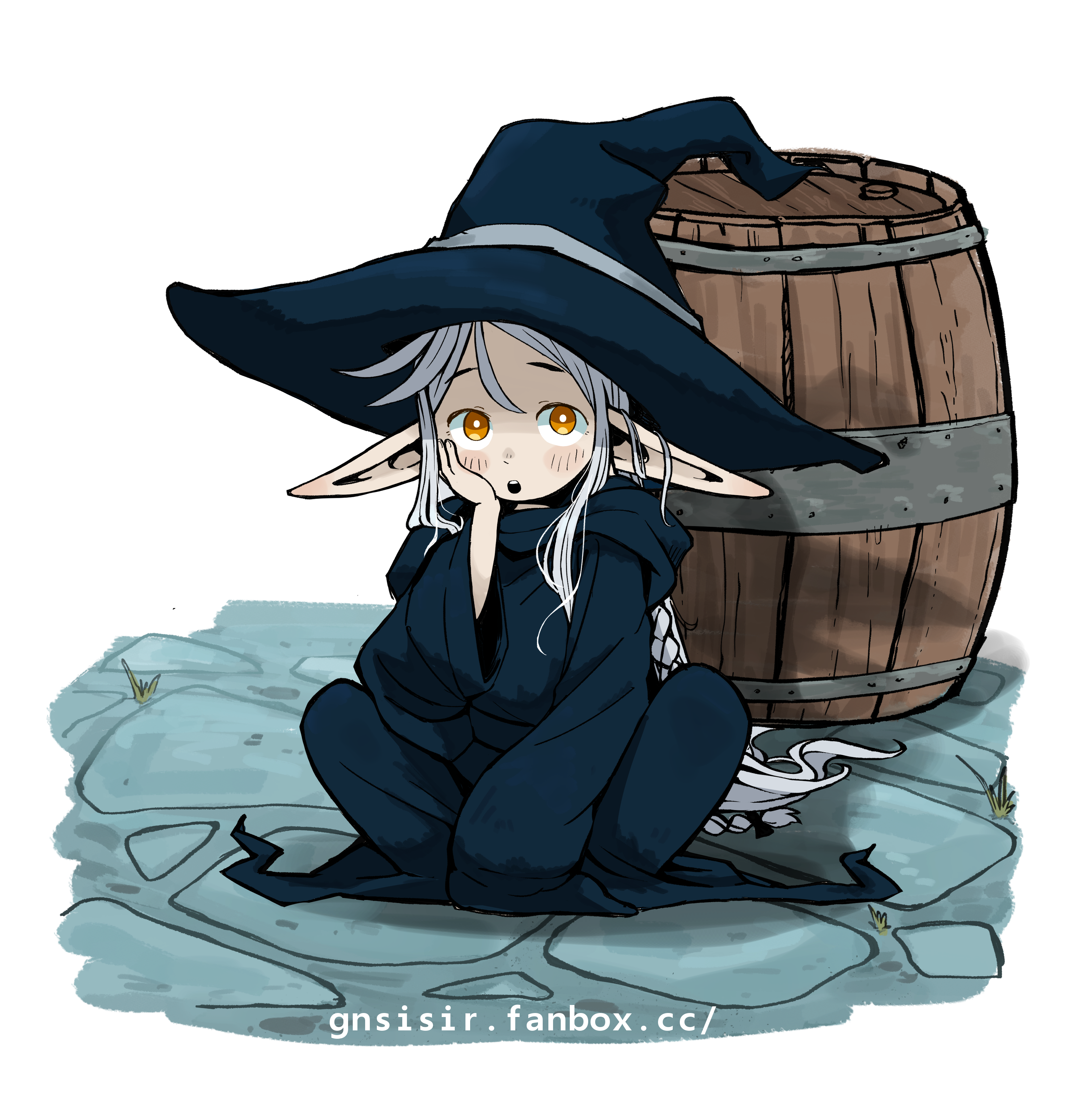 1girl :o absurdres barrel black_hat bright_pupils commentary elf english_commentary fanbox_username gnsisir grey_hair hat highres long_hair long_pointy_ears long_sleeves orange_eyes original pointy_ears sitting sleeves_past_fingers sleeves_past_wrists solo squatting teeth transparent_background upper_teeth_only white_pupils witch_hat