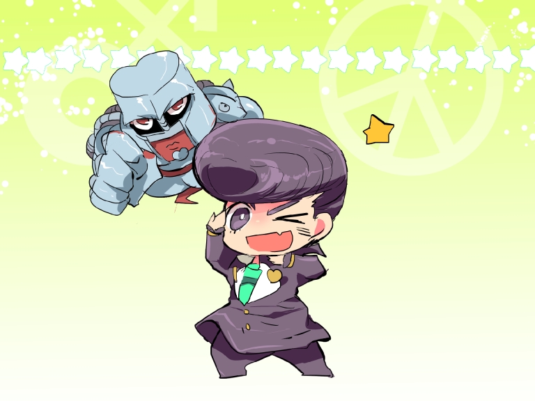 2boys bakanoise chibi crazy_diamond fang gakuran higashikata_josuke jojo_no_kimyou_na_bouken male_focus multiple_boys one_eye_closed pompadour purple_eyes purple_hair sadahara_inako school_uniform stand_(jojo) wink