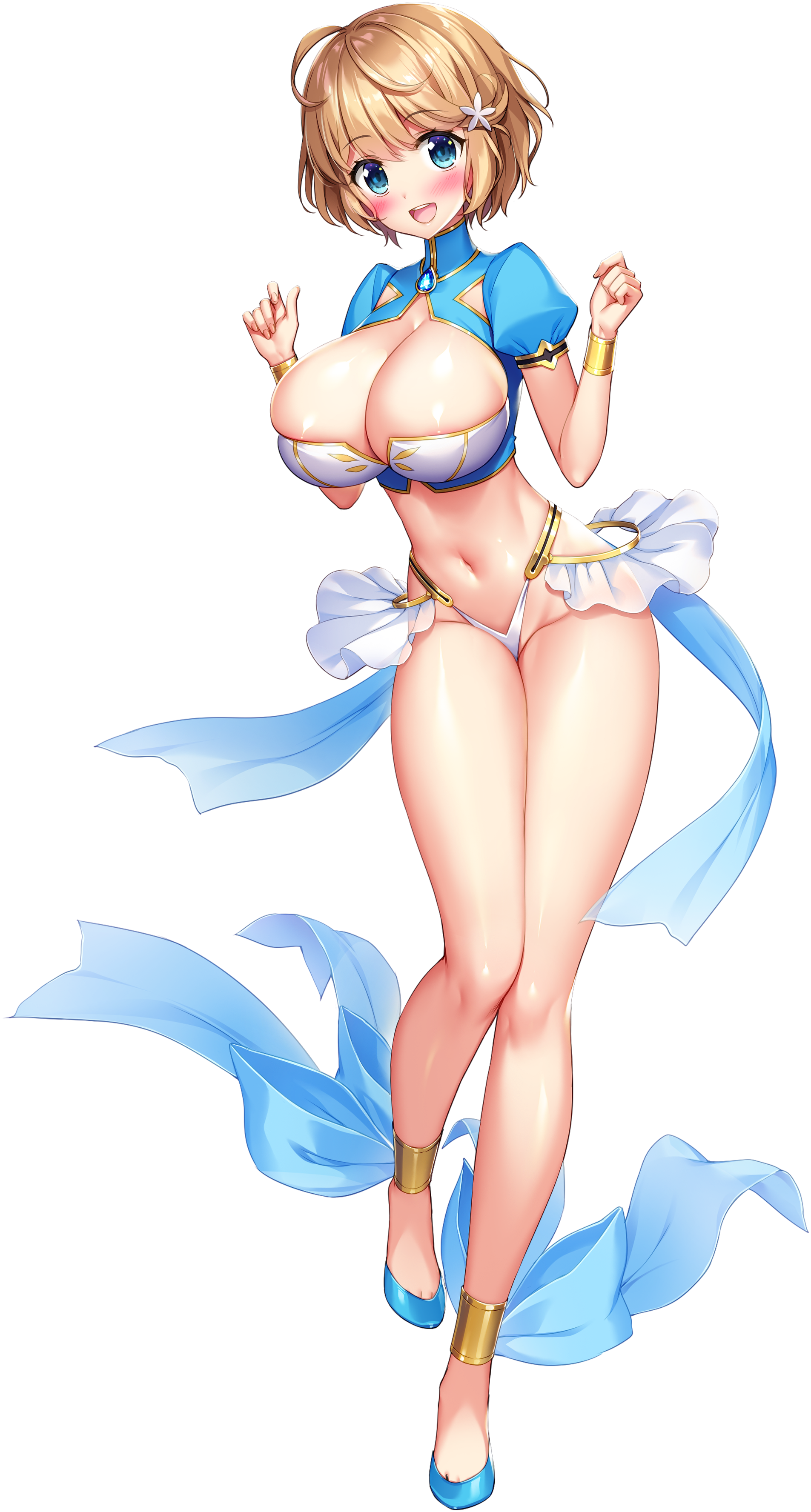 1girl absurdres blue_eyes blue_ribbon blue_shoes blue_vest blush breasts brown_hair cleavage cleavage_cutout clothing_cutout crop_top derauea flower_hairpin footwear_ribbon game_cg high_heels highres large_breasts leg_up looking_at_viewer milk_factory motto!_haramase!_honoo_no_oppai_chou_ero_appli_gakuen! navel non-web_source official_art open_mouth puffy_short_sleeves puffy_sleeves ribbon shoes short_hair short_sleeves skindentation smile solo standing tachi-e teeth thong transparent_background upper_teeth_only vest w_arms yutani_hinata