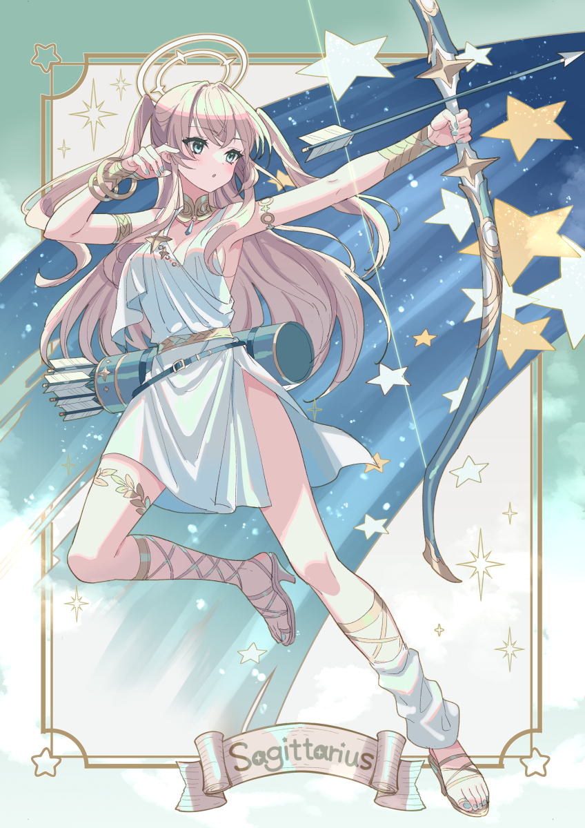 1girl aiming ancient_greek_clothes aqua_nails armband armlet arrow_(projectile) blonde_hair blush bow_(weapon) breasts chiton cleavage crossed_bangs eyelashes feet fingernails full_body gladiator_sandals gold_belt gold_sandals greco-roman_clothes green_eyes halo highres holding holding_bow_(weapon) holding_weapon jewelry legs long_hair medium_breasts nail_polish neck_ring original peplos polearm quiver sagittarius_(zodiac) sandals side_slit solo sparkle star_(symbol) suzaku_(zaku6584) toenail_polish toenails toes twintails weapon zodiac