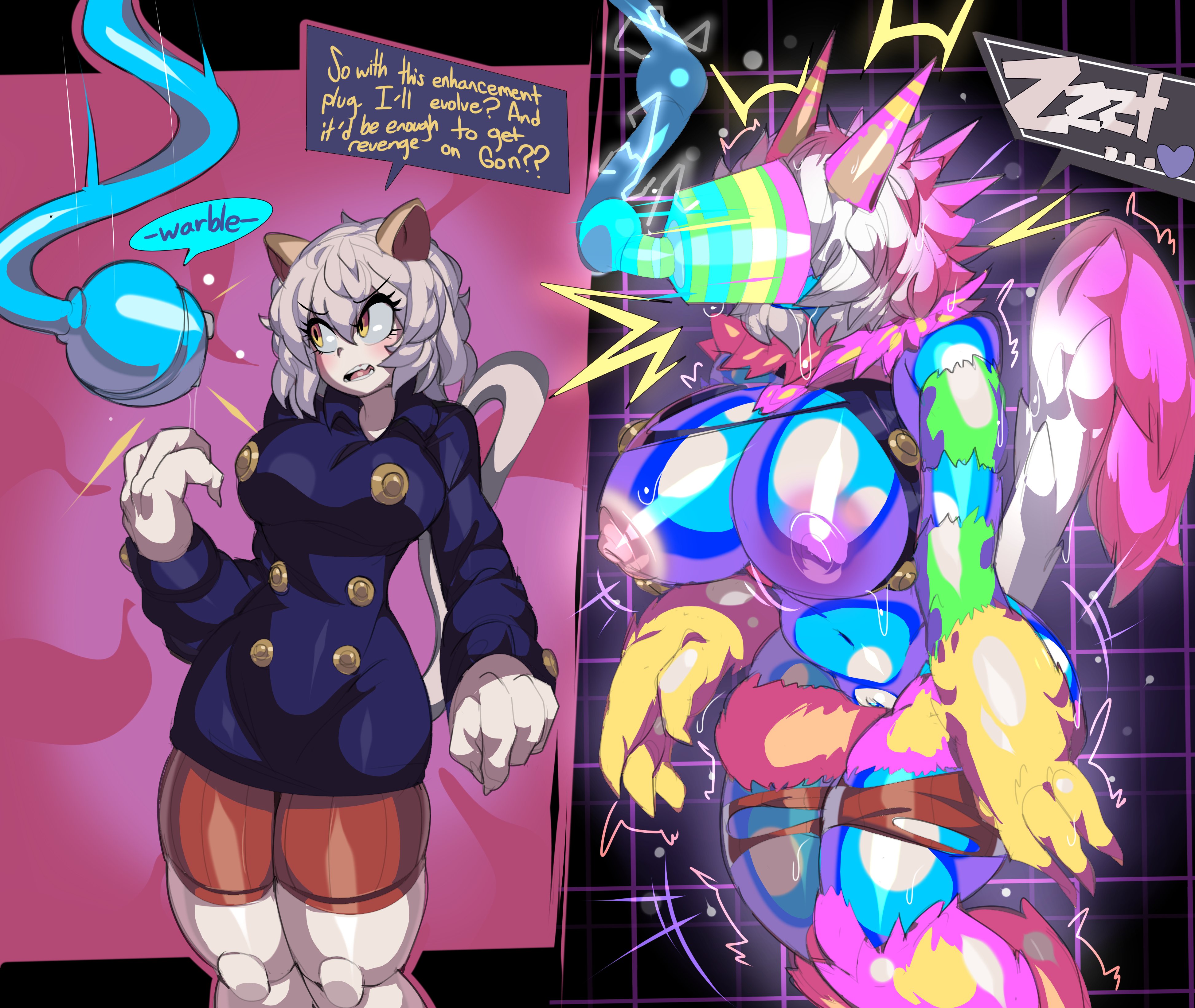 1girl 2koma absurdres animal_ears bike_shorts breast_expansion breasts captain_kirb cat_ears cat_girl cat_tail comic deltarune doll_joints english_text highres hunter_x_hunter instant_loss joints long_sleeves mind_control minidress motion_lines neferpitou nipples pussy short_hair tail thick_thighs thighs torn_clothes transformation wardrobe_malfunction werewire wide_hips yellow_eyes
