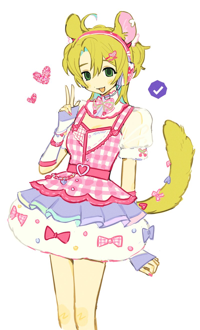 1girl animal_ears arm_warmers ashton_marten_(vtuber) belt bow buckle checkmark chinchilla_ears chinchilla_girl chinchilla_tail commentary dress dress_bow english_commentary green_eyes green_hair hair_ornament hairclip headphones headset heart heart-shaped_buckle heart_hair_ornament highres indie_virtual_youtuber long_hair mota_(motaberrie) nail_polish notched_ear open_mouth ribbon see-through_clothes see-through_sleeves short_sleeves smile solo tail tail_ornament tail_ribbon teeth two_side_up upper_teeth_only virtual_youtuber w