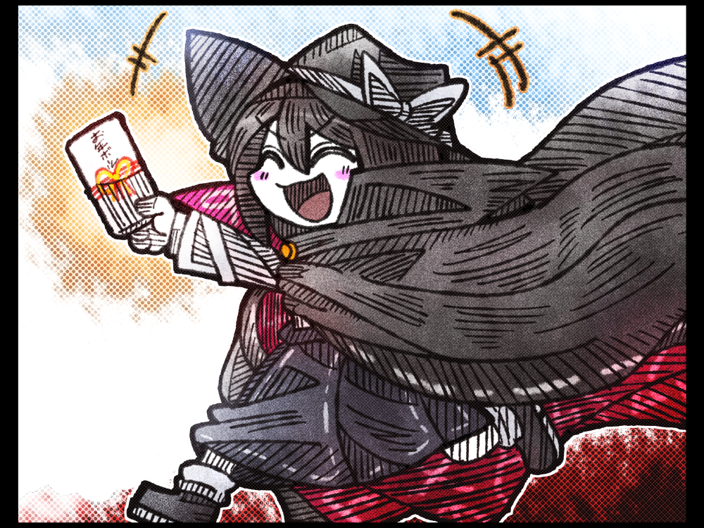 +++ 1girl :d ^_^ aged_down black_border black_hair blush_stickers border bow cape cloak closed_eyes clothes_writing cosplay female_focus hair_between_eyes hat hat_bow hat_ribbon high_collar laughing letter long_sleeves open_mouth otoshidama ribbon running shoes skirt smile socks solo suenari_(peace) touhou usami_renko usami_sumireko usami_sumireko_(cosplay) white_ribbon white_socks