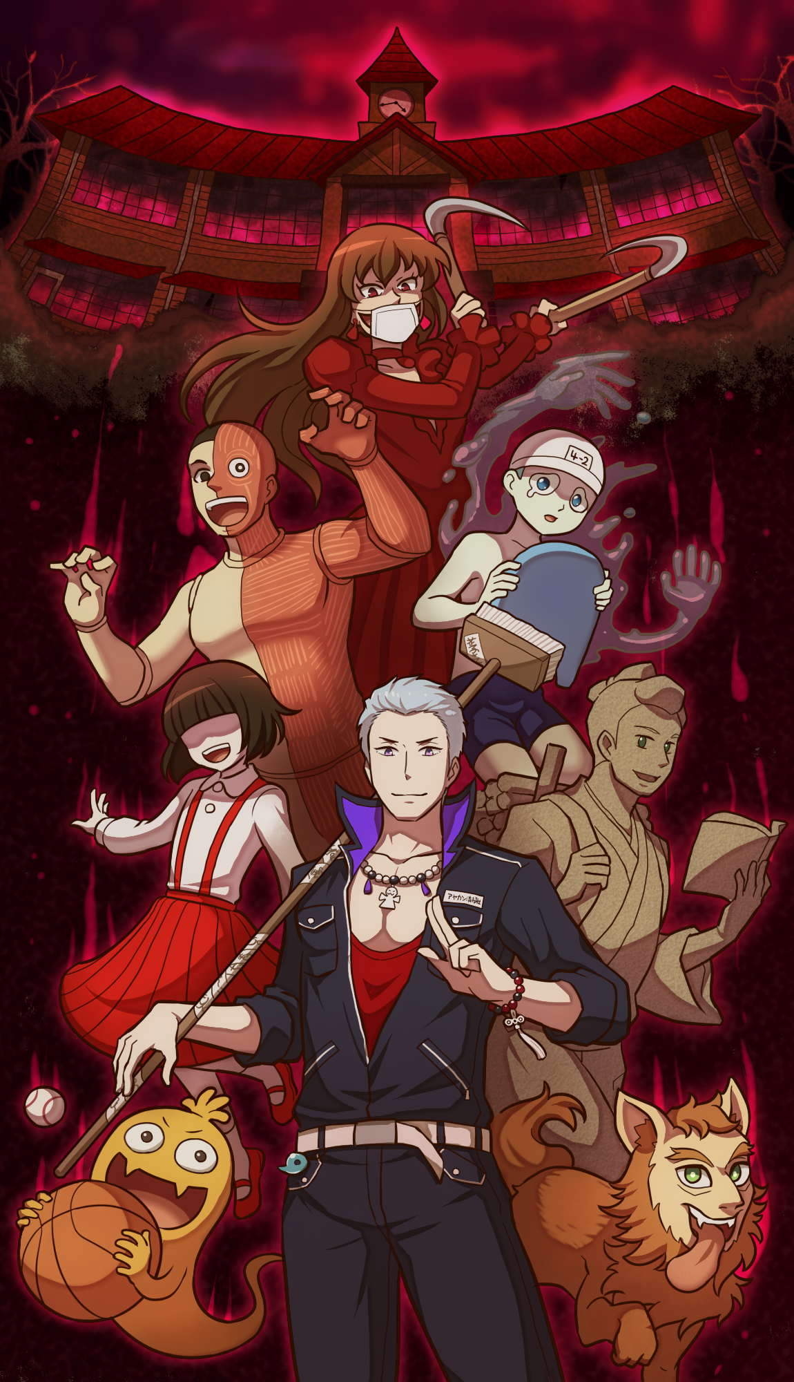10s 2girls 4boys anatomical_model aopanda ball basketball basketball_(object) blush bracelet broom ghost grey_hair highres idolmaster idolmaster_side-m japanese_urban_legends jewelry jinmenken kuzunoha_amehiko monster multiple_boys multiple_girls necklace outdoors purple_eyes skirt sky smile toire_no_hanako-san traditional_youkai