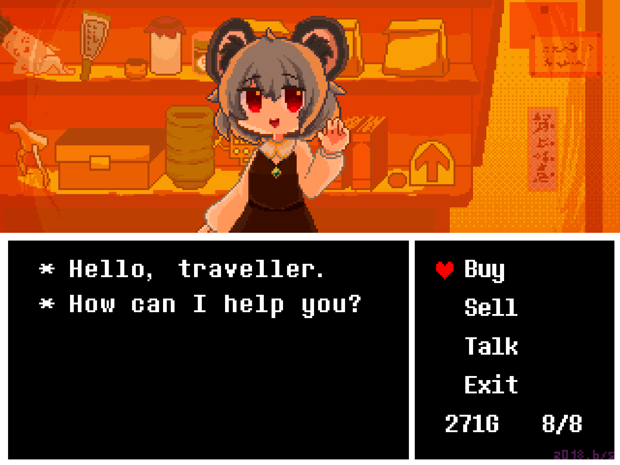 1girl algodoo animal_ear_fluff animal_ears arrow_(symbol) bag book box circled_9 commentary_request cookie_(touhou) cowboy_shot cup daikon dialogue_box dialogue_options dress english_text food fruit grater grey_dress grey_hair grey_vest heart highres jar long_sleeves looking_at_viewer makaarami manatsu_no_yo_no_inmu mandarin_orange miura_meat mouse_ears mouse_girl nazrin nyon_(cookie) open_mouth pixel_art radish red_eyes reu_daikon shelf shirt short_hair skirt skirt_set smile solo touhou undertale vest waving white_shirt yunomi