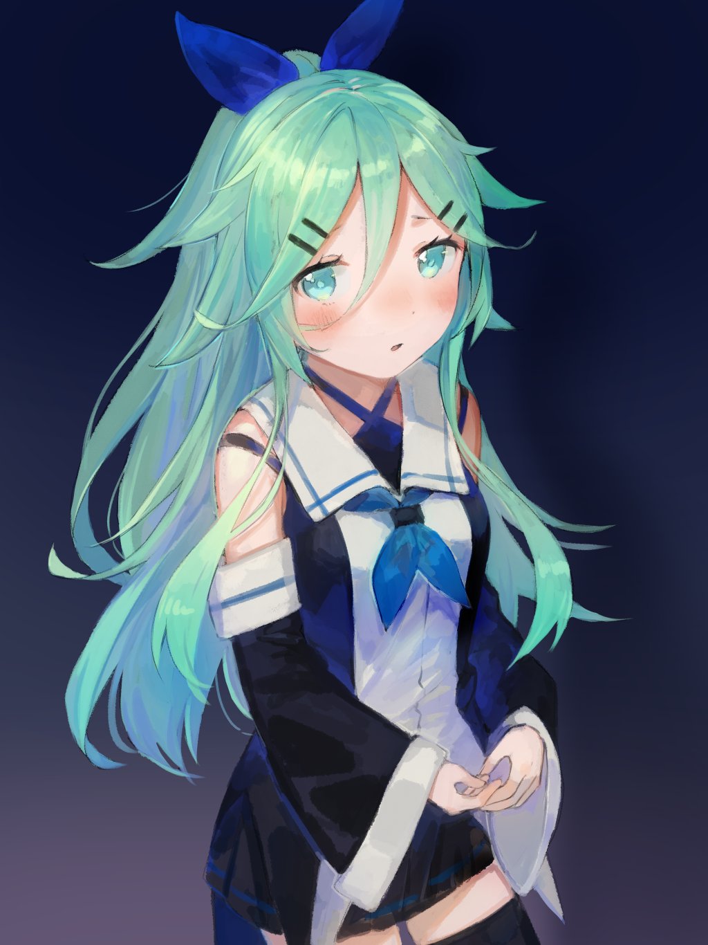 1girl black_sleeves black_thighhighs blue_neckerchief blue_ribbon blush commentary detached_sleeves gradient_background green_eyes green_hair hair_between_eyes hair_ornament hair_ribbon hairclip highres kantai_collection karamomo long_hair looking_at_viewer neckerchief own_hands_together parted_lips ribbon sailor_collar school_uniform serafuku simple_background skirt solo thighhighs white_sailor_collar wide_sleeves yamakaze_(kancolle)