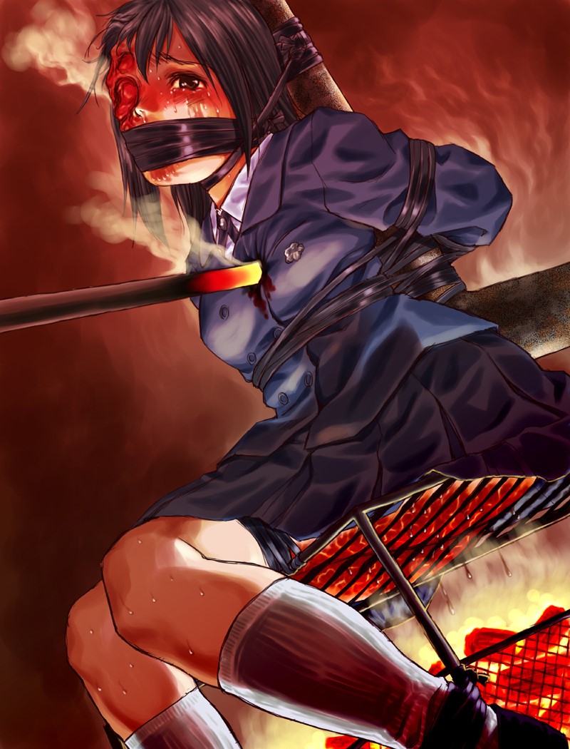 black_hair bleeding blood burning cooking crying crying_with_eyes_open death dying guro pizza_man restrained school_uniform socks tearing_up tears what