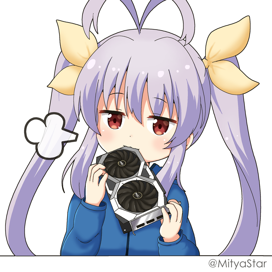 1girl antenna_hair biting blue_shirt blush commentary_request graphics_card hair_between_eyes hair_ribbon hands_up holding long_hair long_sleeves micro_star_international mitya miyauchi_renge non_non_biyori purple_hair red_eyes ribbon shirt sidelocks simple_background solo twintails twitter_username upper_body very_long_hair white_background yellow_ribbon