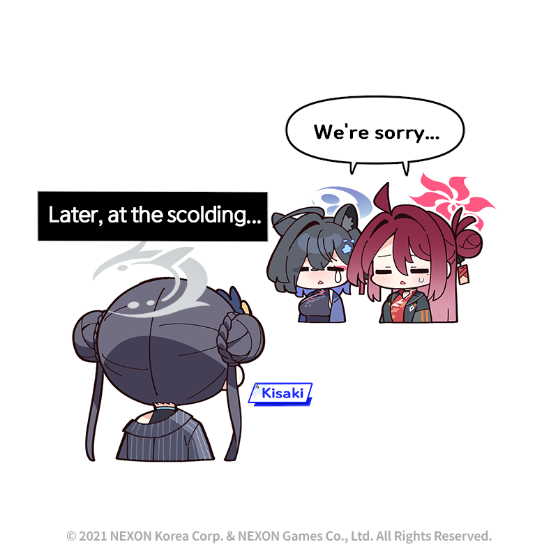3girls ahoge animal_ear_fluff animal_ears blue_archive breasts character_name chibi closed_eyes commentary cropped_torso crying donmin_h double_bun dress english_commentary english_text gradient_hair grey_halo hair_between_eyes hair_bun hair_intakes halo kaguya_(blue_archive) kisaki_(blue_archive) large_breasts mole mole_under_eye multicolored_hair multiple_girls no_nose official_art red_dress red_hair reijo_(blue_archive) striped_clothes sweatdrop tassel tears triangle_mouth two-tone_hair vertical-striped_clothes