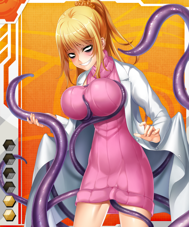 1girl bare_legs blonde_hair blush breast_press breasts card_(medium) card_(orange-r) card_(r) creature curvy female_focus gara_ayuri grabbing_another&#039;s_breast green_eyes grin groping happy large_breasts lilith-soft long_hair looking_at_viewer mirena_laevateinn naughty_face ponytail shiny_skin smile solo standing suggestive_fluid taimanin_(series) taimanin_asagi_battle_arena_all_card_gallery taimanin_asagi_kessen_arena tentacles