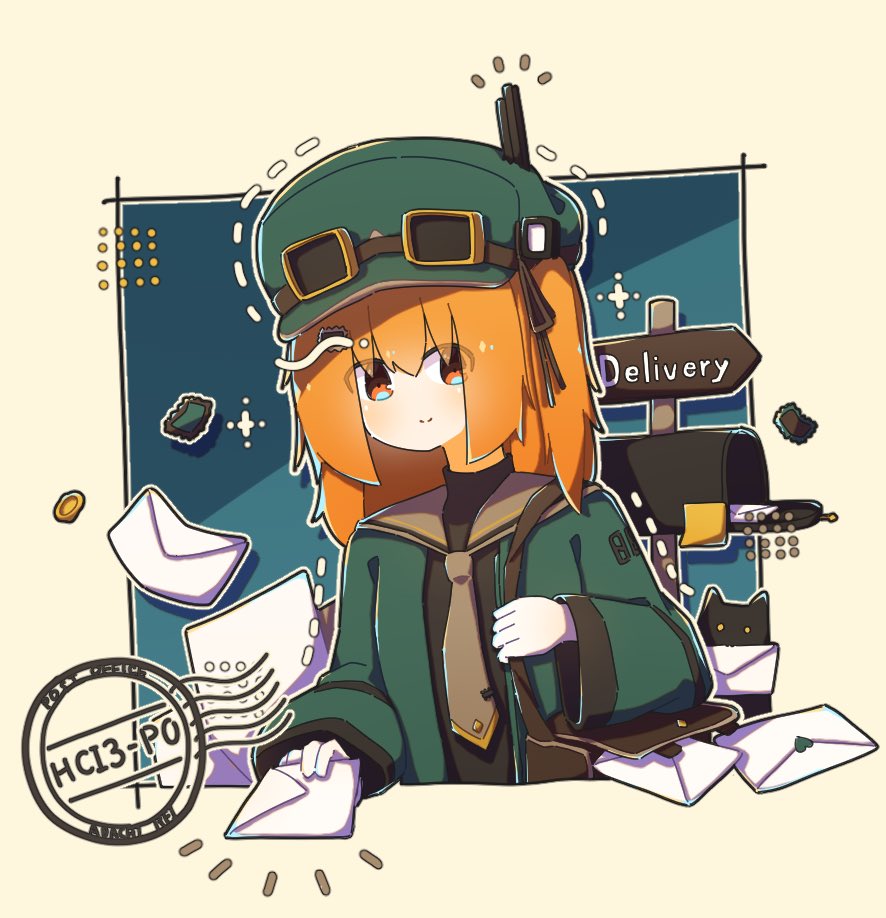 1girl adachi_rei alternate_costume black_cat black_ribbon black_shirt brown_necktie brown_sailor_collar cat closed_mouth coat cropped_torso delivery gloves green_coat green_eyes hat holding holding_letter letter long_sleeves mailbox_(incoming_mail) necktie orange_eyes orange_hair oyasameme postage_stamp radio_antenna ribbon sailor_collar shirt side_ponytail solo utau white_gloves