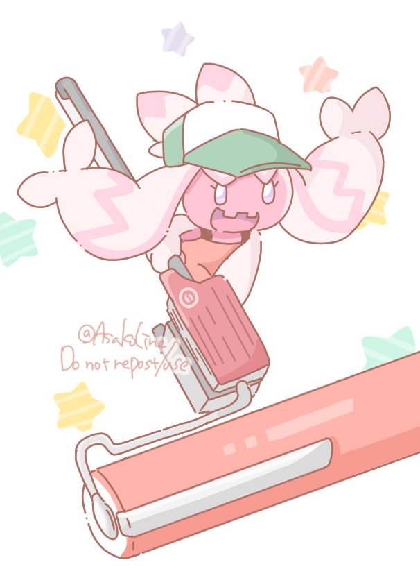animal_focus artist_name asakoline baseball_cap colored_skin commentary_request eyelashes flingza_roller_(splatoon) game_freak green_headwear grey_eyes hat nintendo no_humans open_mouth paint_roller pink_skin pokemon pokemon_(creature) splatoon_(series) splatoon_3 star_(symbol) tinkaton two-tone_headwear white_background white_headwear
