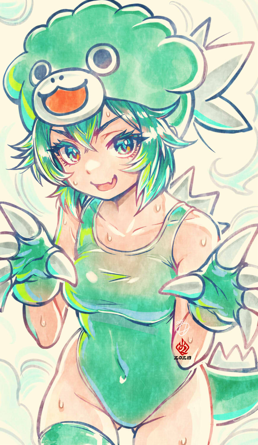 1girl artist_logo blue_eyes breasts character_request colored_eyelashes commentary_request covered_navel cowboy_shot fake_claws fake_tail fang gluteal_fold green_eyes green_hair green_leotard green_thighhighs hat highres kanchiyo leotard logo looking_at_viewer medium_breasts medium_hair multicolored_eyes original signature skin_fang solo sweatdrop tail thighhighs