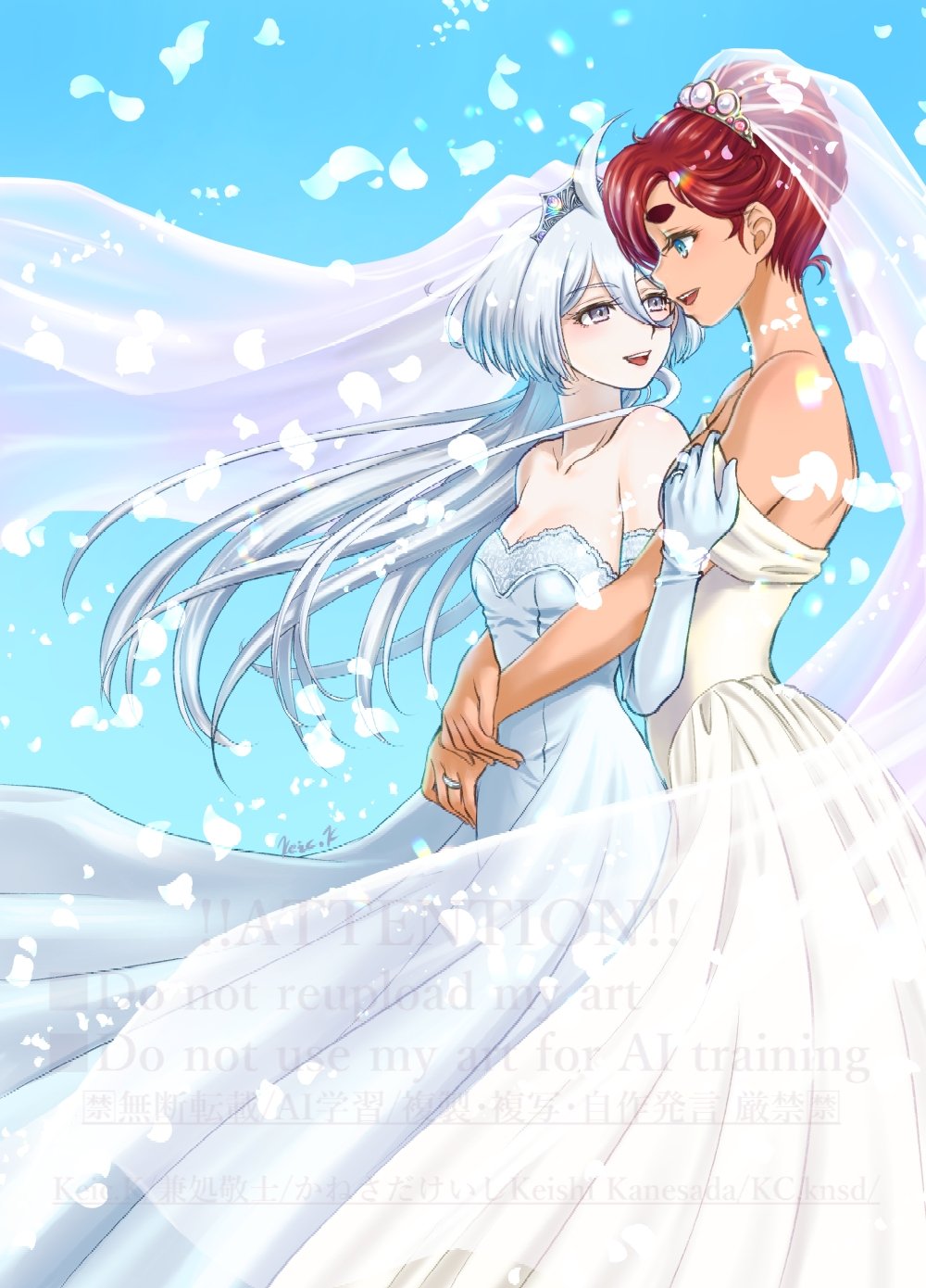 2girls blue_eyes blue_sky commentary_request dress elbow_gloves falling_petals gloves grey_eyes gundam gundam_suisei_no_majo highres jewelry kanesada_keishi miorine_rembran multiple_girls off-shoulder_dress off_shoulder open_mouth petals red_hair ring sky smile strapless strapless_dress suletta_mercury thick_eyebrows watermark wedding_dress wedding_ring white_dress white_gloves white_hair wife_and_wife yuri
