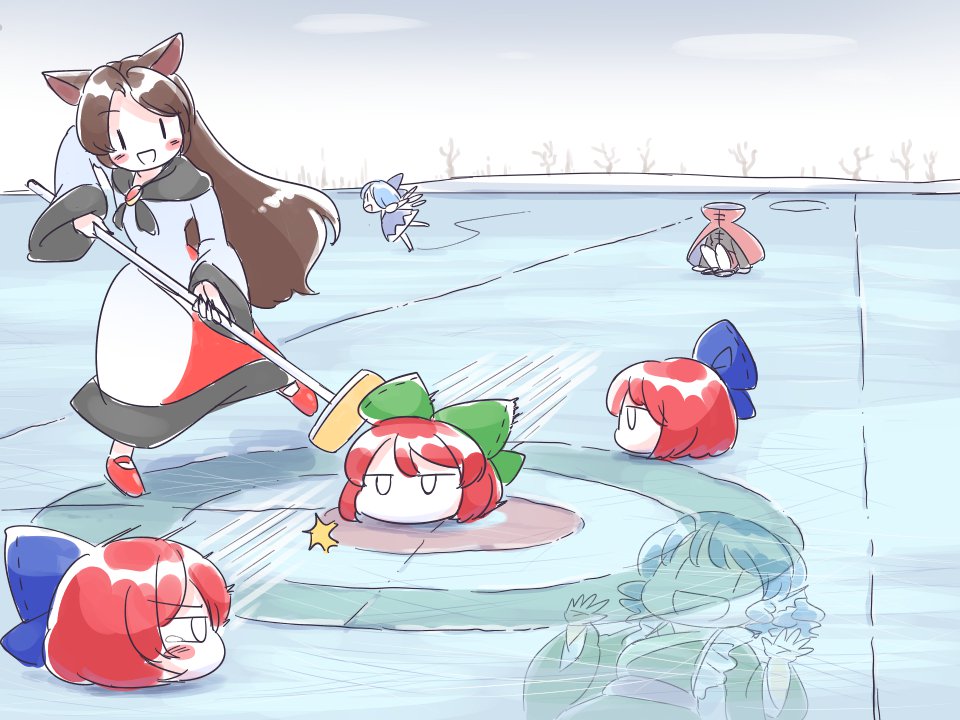 4girls animal_ears bare_tree blue_bow blue_hair blush bow brown_hair cirno cloud commentary curling dress drill_hair empty_eyes fins green_bow hair_bow head_fins ice ice_wings imaizumi_kagerou itatatata japanese_clothes jitome kimono long_hair long_sleeves looking_at_another multiple_girls open_mouth playing_sports red_hair sekibanki short_hair skating smile snow tears touhou trapped tree underwater wakasagihime wide_sleeves wings wolf_ears |_|
