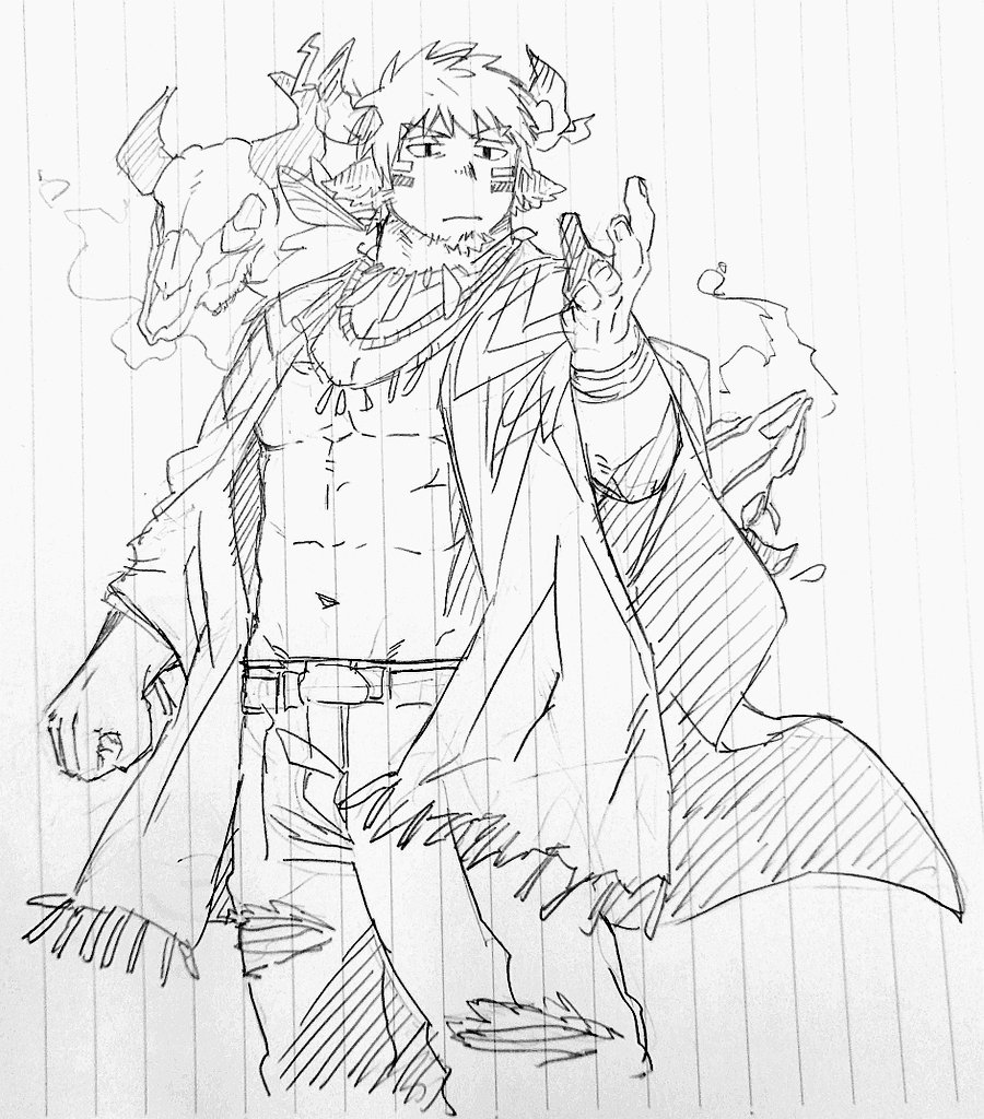 1boy abs animal_ears animal_skull bara bare_pectorals belt clenched_hand cow_boy cow_ears cow_horns cropped_legs empty_eyes facial_hair fiery_horns forked_eyebrows glowing_horns goatee graphite_(medium) greyscale haishiba_ame hand_up horns jewelry large_pectorals looking_to_the_side magic male_focus monochrome muscular muscular_male navel necklace pants pectorals photo_(medium) shaman short_hair sideburns_stubble solo spiked_hair standing stomach stubble telekinesis thick_eyebrows tokyo_houkago_summoners tooth_necklace traditional_media tribal wakan_tanka wakan_tanka_mugen