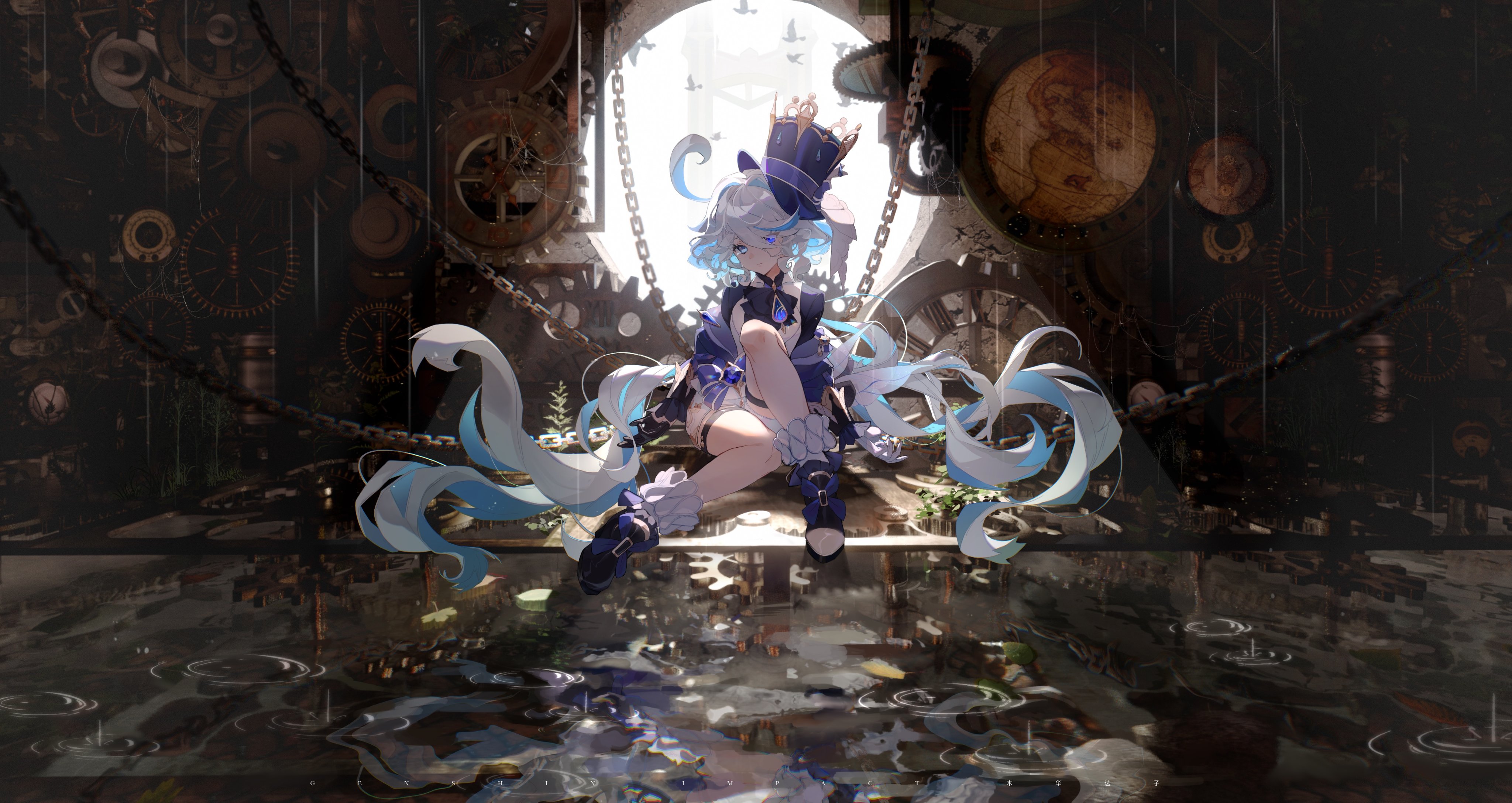 1girl absurdres ahoge ascot black_ascot blue_eyes chain commentary_request drop-shaped_pupils furina_(genshin_impact) gears genshin_impact hair_between_eyes hat heterochromia highres indoors jewelry long_hair long_sleeves looking_at_viewer low_twintails mismatched_pupils multicolored_hair shoes short_shorts shorts sidelocks sitting snowflake_(diodarja) socks solo streaked_hair symbol-shaped_pupils thighlet top_hat twintails two-tone_hair wavy_hair white_shorts white_socks window