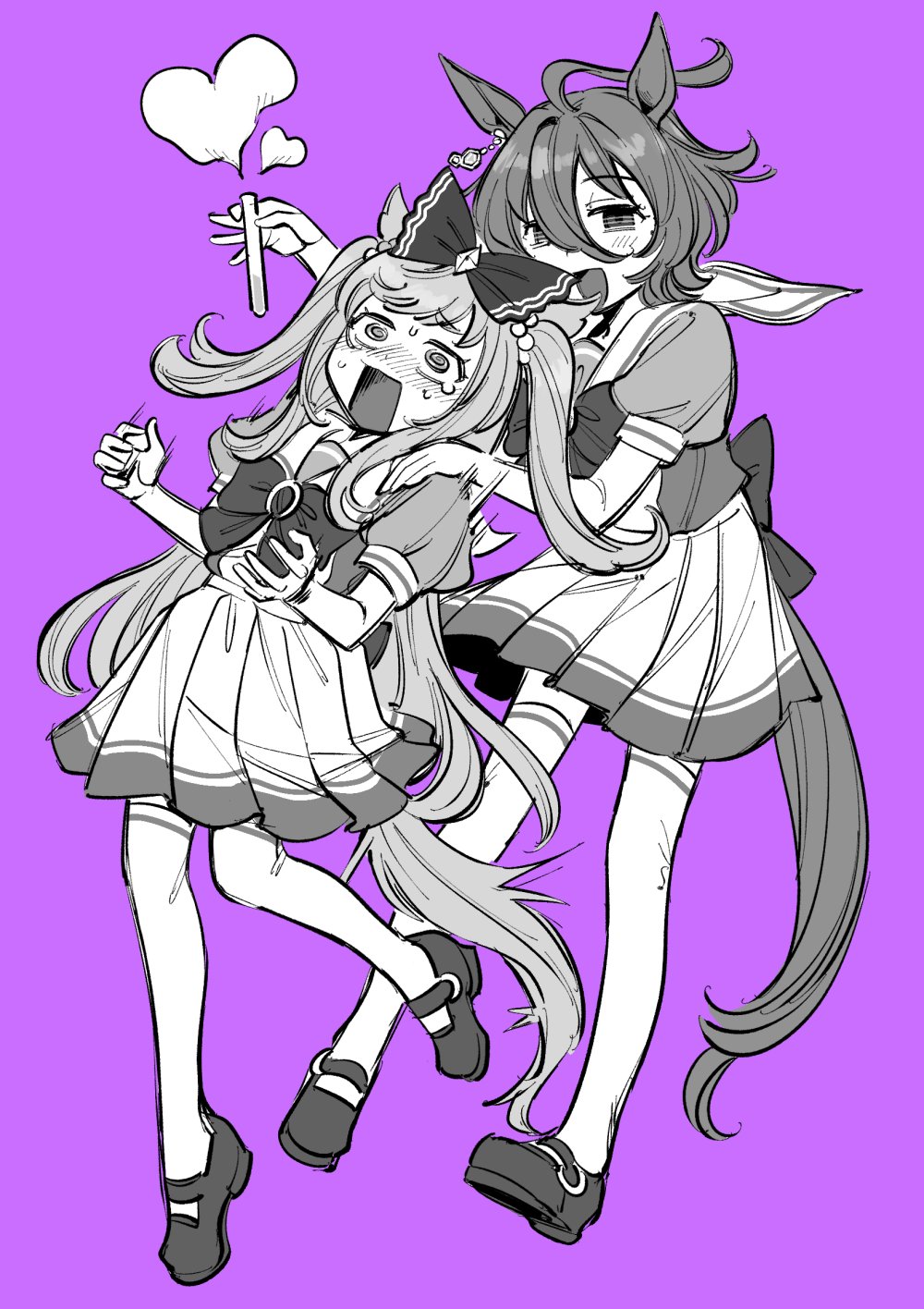 2girls @_@ agnes_digital_(umamusume) agnes_tachyon_(umamusume) ahoge animal_ears blush bow bowtie full_body grabbing_from_behind greyscale hair_between_eyes hair_bow half-closed_eyes hand_on_another&#039;s_shoulder heart highres holding holding_test_tube horse_ears horse_girl horse_tail light_blush long_bangs long_hair looking_at_another mary_janes monochrome multiple_girls open_mouth pink_background pleated_skirt puffy_short_sleeves puffy_sleeves school_uniform screaming serafuku shoes short_hair short_sleeves skirt smile spot_color sweat swept_bangs tail tearing_up test_tube thighhighs tracen_school_uniform two_side_up umamusume waist_bow wide-eyed yokuko_zaza