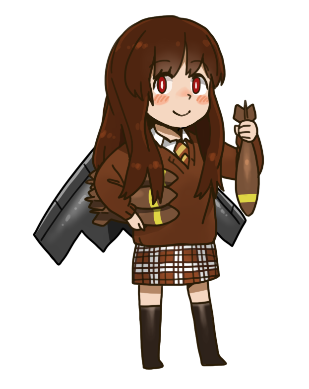 1girl anyan_(jooho) b-2_(flight_highschool) b-2_spirit black_socks bomb brown_hair brown_necktie brown_skirt brown_sweater chibi closed_mouth collared_shirt explosive flight_highschool full_body holding long_hair long_sleeves looking_at_viewer necktie plaid_clothes plaid_skirt red_eyes shirt simple_background skirt smile socks solo sweater white_background white_shirt