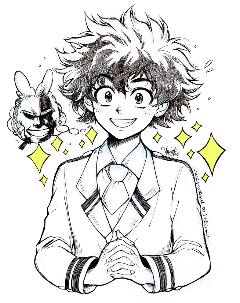 2boys all_might artist_name boku_no_hero_academia collared_shirt freckles grin hair_between_eyes inktober jacket male_focus midoriya_izuku monochrome multiple_boys necktie own_hands_clasped own_hands_together parted_lips school_uniform shirt short_hair smile sparkle teeth u.a._school_uniform upper_body vinetsu wavy_hair white_background