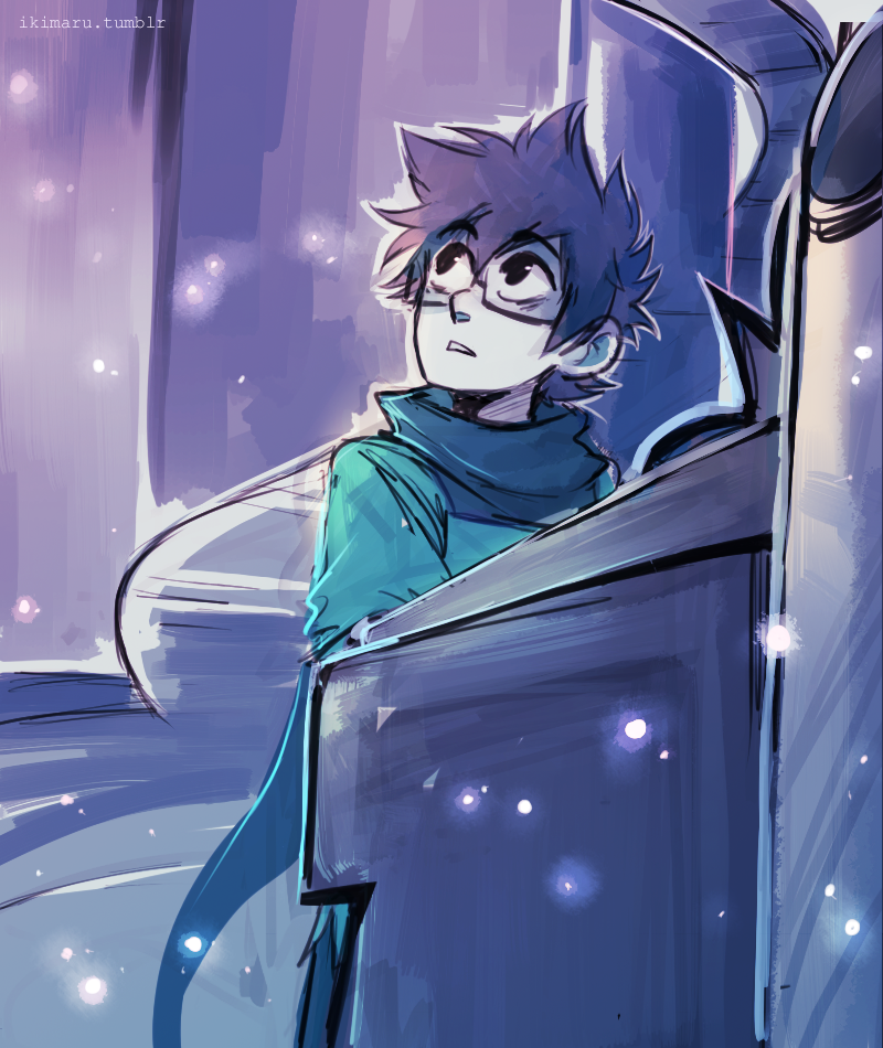 1boy blue_hoodie blue_shirt fireflies from_side glasses god_tier_(homestuck) homestuck hood hoodie ikimaru indoors instrument john_egbert long_hoodie looking_to_the_side looking_up male_focus music organ_(instrument) pale_skin pipe_organ playing_instrument raised_eyebrows rectangular_eyewear shirt signature sitting solo upper_body