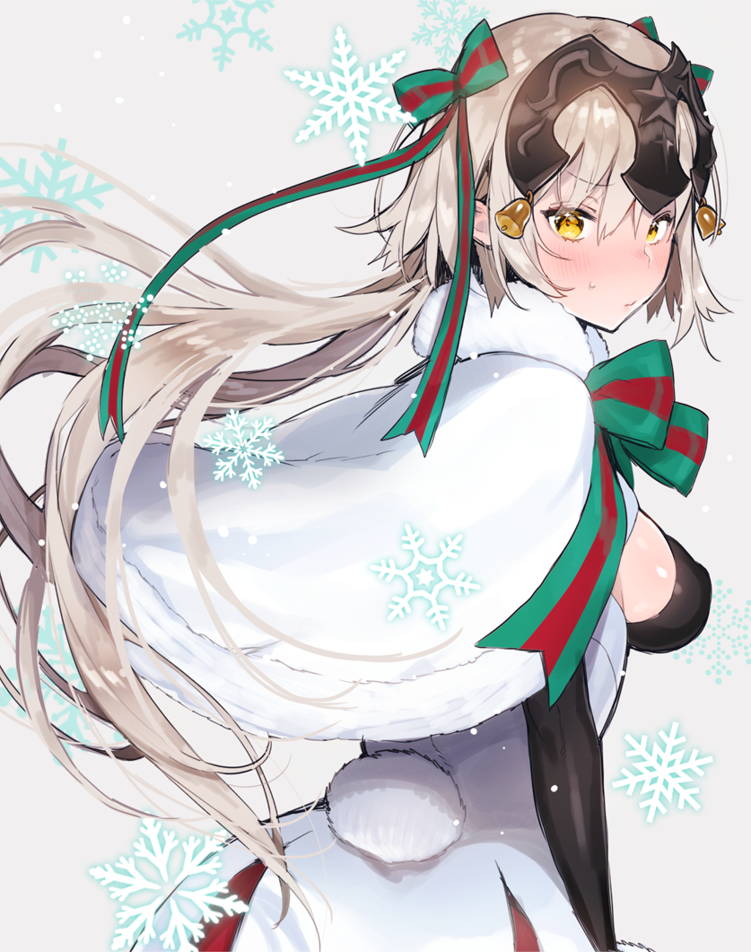 1girl ass bad_id bad_pixiv_id black_gloves blonde_hair blush breasts cosplay fate/grand_order fate_(series) gloves headpiece jeanne_d&#039;arc_(fate) jeanne_d&#039;arc_(ruler)_(fate) jeanne_d&#039;arc_alter_(fate) jeanne_d&#039;arc_alter_santa_lily_(fate) jeanne_d&#039;arc_alter_santa_lily_(fate)_(cosplay) large_breasts looking_at_viewer nito_(siccarol) snowflakes sweat yellow_eyes