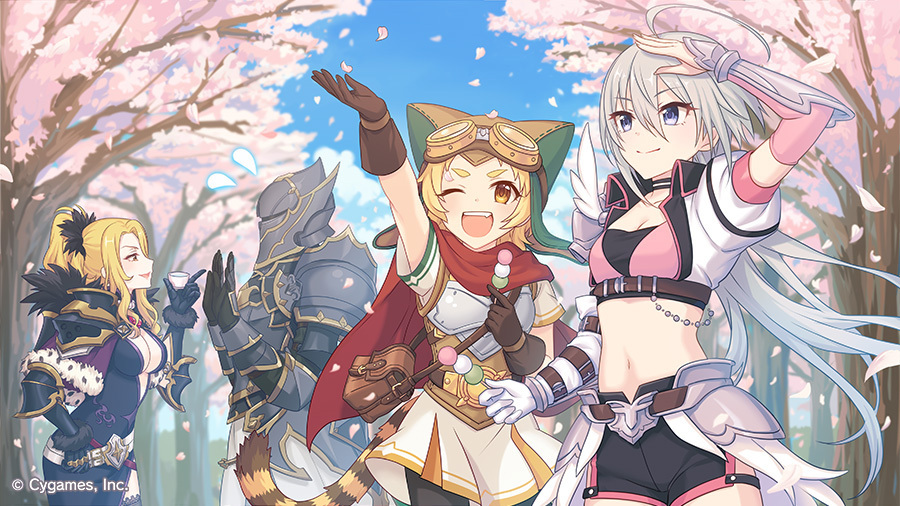 4girls ahoge arm_up armor blonde_hair breasts cherry_blossoms christina_(princess_connect!) closed_mouth crowd dango flying_sweatdrops food holding holding_food jun_(princess_connect!) long_hair matsuri_(princess_connect!) multiple_girls navel official_art one_eye_closed open_mouth outdoors petals princess_connect! sanshoku_dango shorts shoulder_armor sky small_breasts sweatdrop teeth tomo_(princess_connect!) upper_teeth_only wagashi