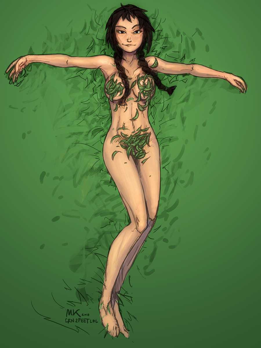 00s 1girl 2008 american_beauty avatar:_the_last_airbender avatar_legends black_hair braid breasts censored censored_nipples colorized female_focus highres jin_(avatar) leaf lying maydrawfag novelty_censor nude parody smile solo twin_braids