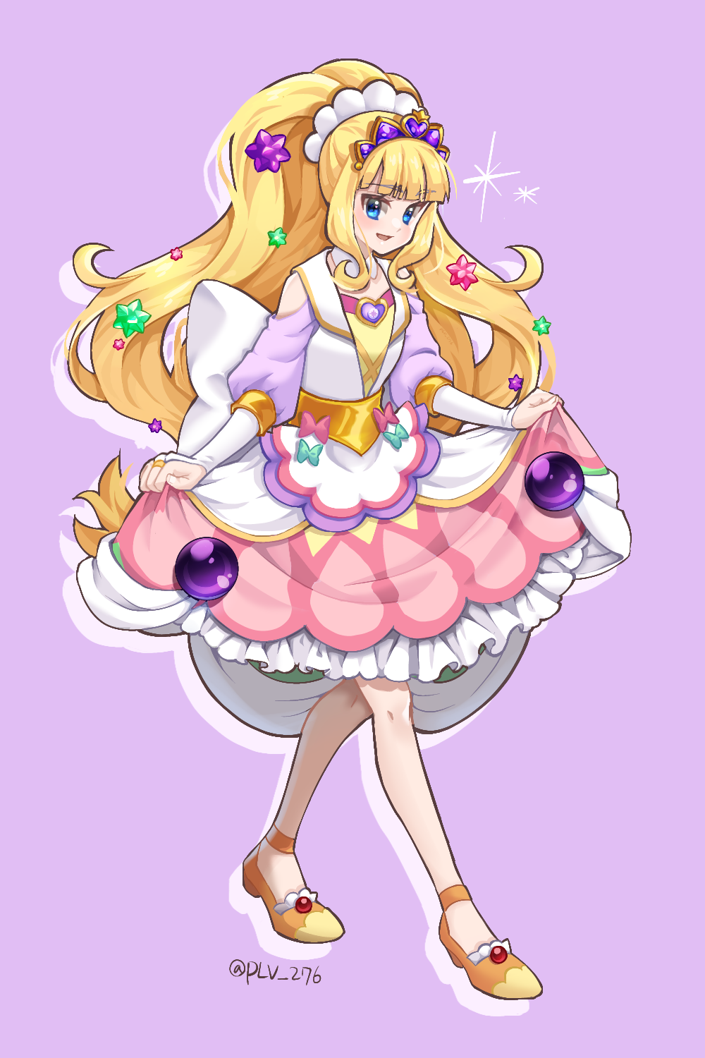 1girl :d apron back_bow blonde_hair blue_bow blue_eyes blunt_bangs blush bow bridal_gauntlets brooch cure_finale curly_sidelocks delicious_party_precure dot_nose frilled_skirt frills full_body hair_ornament heart heart_brooch high_ponytail highres jewelry kasai_amane large_bow long_hair looking_at_viewer magical_girl open_mouth orange_shoes pink_bow pink_skirt plv_276 ponytail precure purple_background shoes simple_background skirt skirt_hold smile solo sparkle standing star_(symbol) star_hair_ornament tiara tsurime white_apron white_bow white_bridal_gauntlets