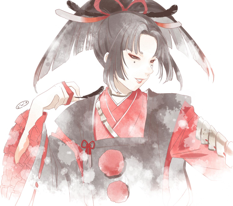 10s 1boy armor black_hair feather_hair_ornament feathers grey_eyes feather_hair_ornament japanese_armor japanese_clothes kogarasumaru_(touken_ranbu) lips male_focus mizuhara_aki pom_pom_(clothes) shoulder_armor smile sode touken_ranbu