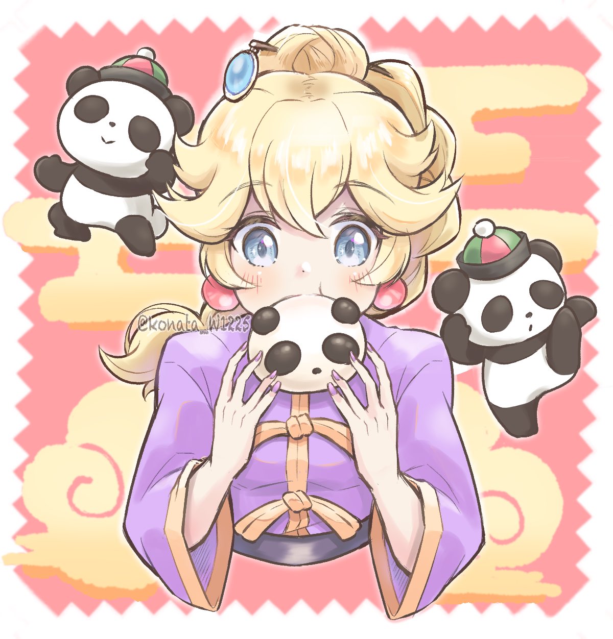 1girl artist_name blonde_hair blue_eyes braid braided_ponytail changpao chinese_clothes earrings hair_ornament hairpin high_ponytail highres jewelry konata_w1225 kung_fu_peach long_hair looking_at_viewer mario_(series) nintendo official_alternate_costume official_alternate_hairstyle panda ponytail princess_peach princess_peach:_showtime! purple_nails purple_shirt shirt solo sphere_earrings upper_body watermark