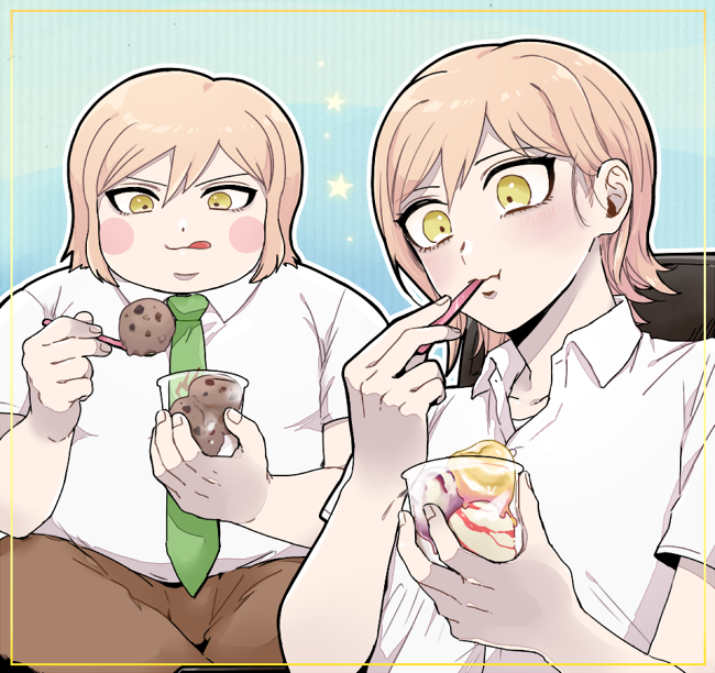 2boys :q blonde_hair blush blush_stickers brown_pants collarbone collared_shirt danganronpa_(series) danganronpa_3_(anime) eating fat fat_man food green_necktie holding holding_spoon ice_cream mitarai_ryota multiple_boys necktie orange_eyes pants shimada_(dmisx) shirt short_hair sitting spoon star_(symbol) tongue tongue_out ultimate_imposter upper_body white_shirt