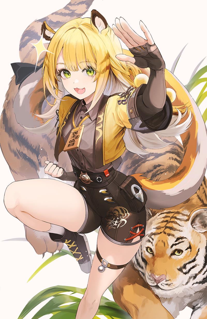 1girl animal_ears black_gloves black_shoes black_shorts blonde_hair brown_shirt collared_shirt elbow_gloves fingerless_gloves gloves green_eyes highres jacket ju_fufu kim_eb long_hair looking_at_viewer open_mouth shirt shoes short_sleeves shorts simple_background smile socks standing standing_on_one_leg tail thigh_strap tiger tiger_ears tiger_girl tiger_tail white_background white_socks yellow_jacket zenless_zone_zero