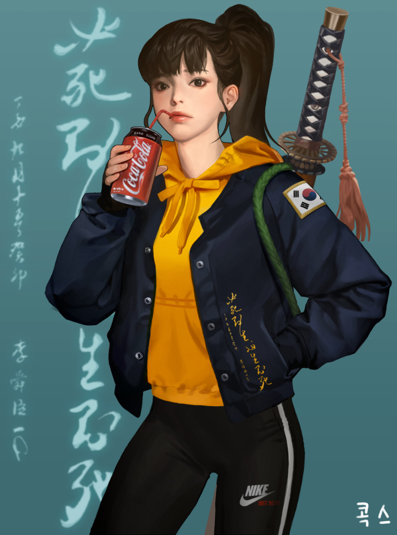1girl aqua_background artist_name black_eyes black_hair blue_jacket blunt_bangs can casual coca-cola commentary contemporary drink drinking drinking_straw english_commentary female_focus genderswap genderswap_(mtf) green_rope hand_in_pocket high_ponytail hilt holding holding_can holding_drink hood hood_down hoodie jacket kogseu korean_text lips lipstick looking_at_viewer makeup nike_(company) open_clothes open_jacket over_shoulder pants partially_translated patch ponytail real_life rope sheath sidelocks signature solo south_korean_flag standing sword sword_over_shoulder track_pants translation_request weapon weapon_over_shoulder yellow_hoodie yi_sun-sin