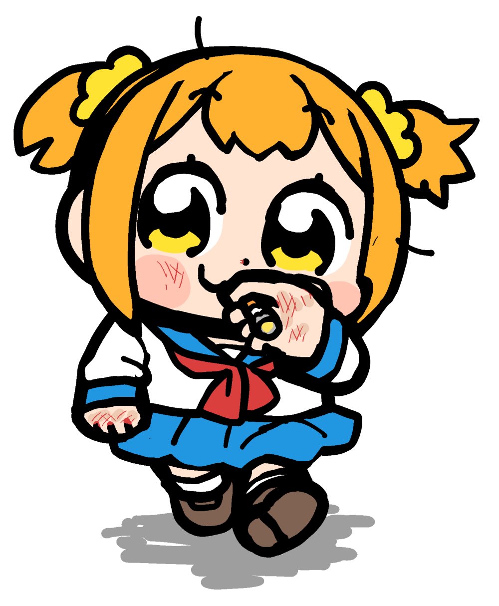 1girl bkub blue_sailor_collar blue_skirt brown_shoes chibi chibi_only cigarette closed_mouth cuts dot_nose full_body hair_ornament hair_scrunchie highres holding holding_cigarette injury long_sleeves miniskirt neckerchief official_art orange_hair pleated_skirt poptepipic popuko red_neckerchief sailor_collar school_uniform scrunchie serafuku shadow shirt shoes short_hair short_twintails simple_background skirt smile smoking socks solo twintails walking white_background white_shirt white_socks yellow_eyes yellow_scrunchie