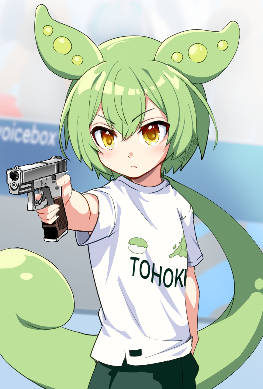 1girl 2024_summer_olympics black_shorts blurry blurry_background blush closed_mouth clothes_writing commentary_request cowboy_shot glock green_hair gun hair_between_eyes hand_in_another&#039;s_pocket handgun highres holding holding_gun holding_weapon kouki_kuu long_hair olympics shirt short_sleeves shorts solo t-shirt v-shaped_eyebrows very_long_hair voiceroid voicevox weapon white_shirt yellow_eyes yusuf_dikec yusuf_dikec_(meme) zundamon