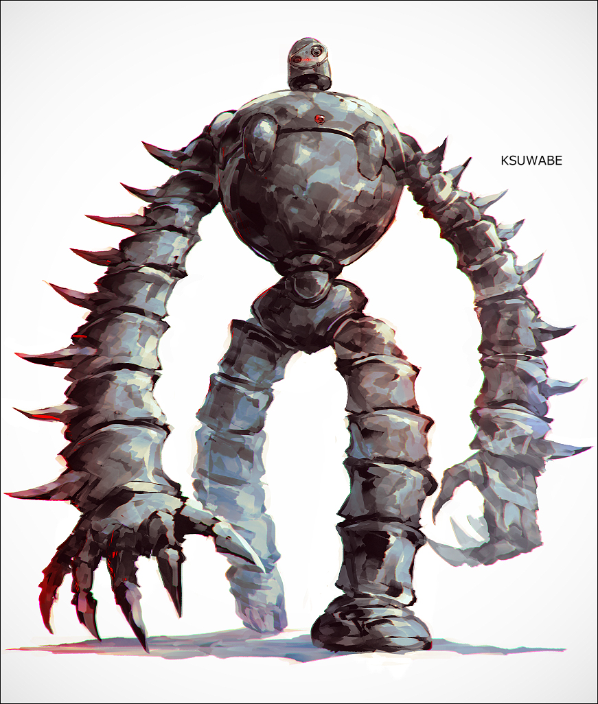 1other artist_name claws commentary_request full_body k-suwabe laputa_robot laser long_arms no_humans robot shadow simple_background tenkuu_no_shiro_laputa walking white_background