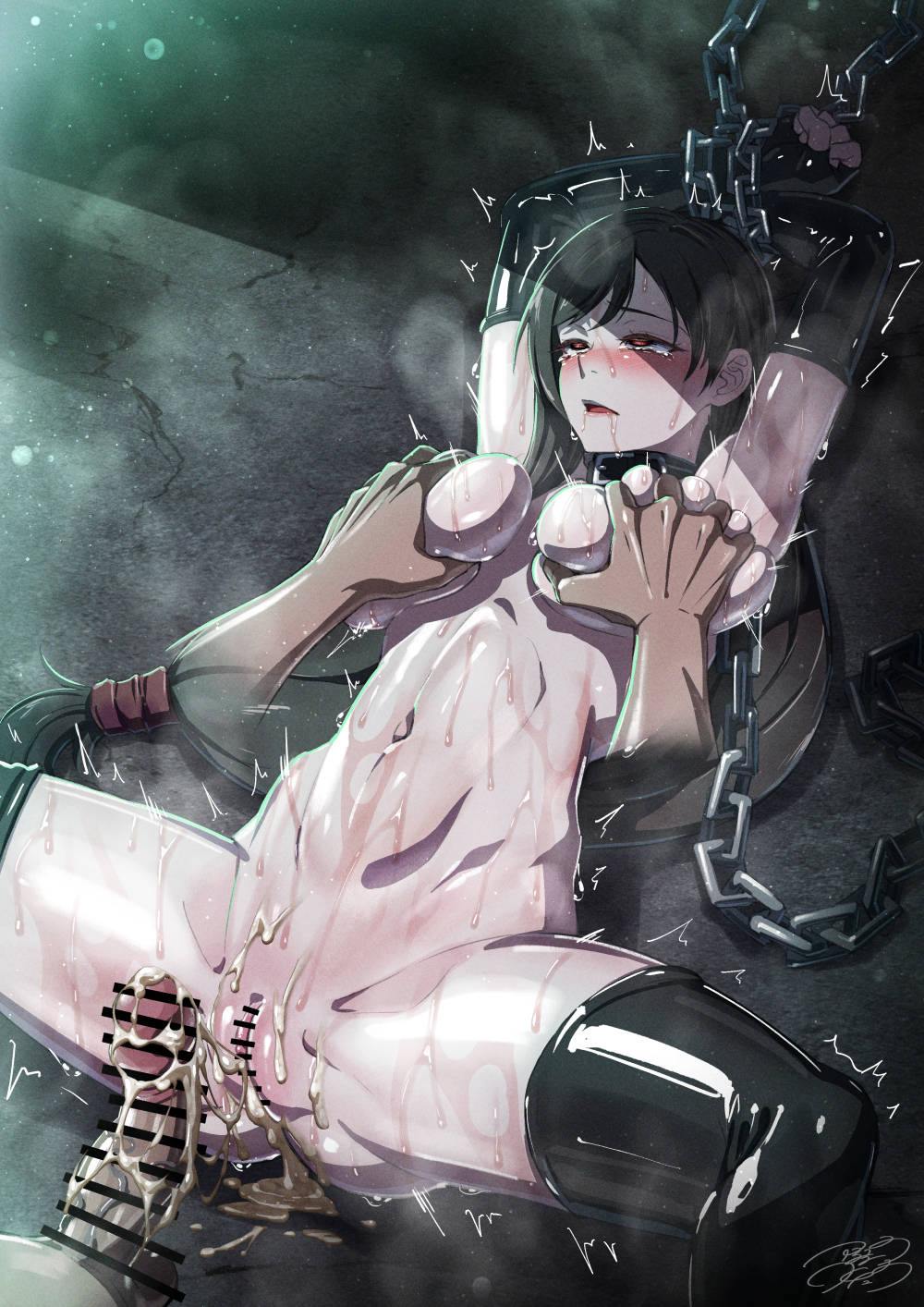 1boy 1girl after_rape aftersex ajula_wachula bar_censor bdsm black_gloves black_hair black_thighhighs bondage bound breasts censored chain collar commission cum cum_overflow cumdrip deep_skin elbow_gloves final_fantasy final_fantasy_vii gloves grabbing_another&#039;s_breast groping hetero highres large_breasts leash long_hair low-tied_long_hair lying nipples nude on_back open_mouth penis pussy red_eyes restrained skeb_commission slave spread_legs tears thighhighs tifa_lockhart wet