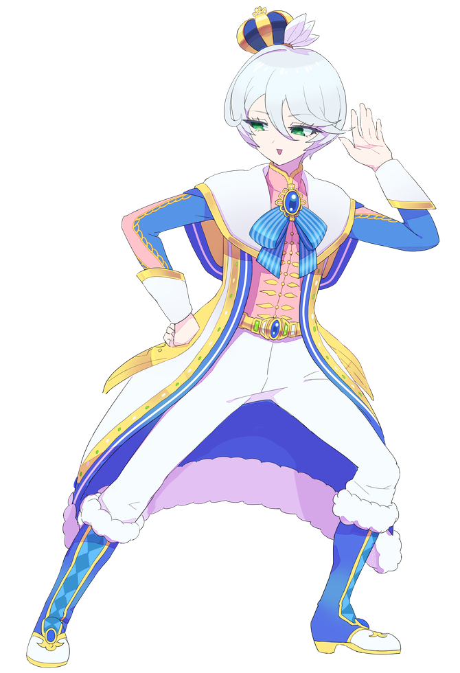 1girl blue_boots blue_coat blue_ribbon boots brooch capelet coat crown full_body fur-trimmed_boots fur-trimmed_coat fur_trim gold_belt gold_trim green_eyes grey_hair hair_between_eyes hand_on_own_hip hand_up jewelry knee_boots legs_apart listening looking_to_the_side lunge mini_crown moudoku_(decopon3rd) multicolored_coat neck_ribbon open_clothes open_coat open_mouth outstretched_leg pants pink_coat pink_shirt pinstripe_ribbon pretty_series pripara ribbon shikyoin_hibiki shirt short_hair simple_background sleeve_cuffs smile solo standing triangle_mouth white_background white_coat white_pants
