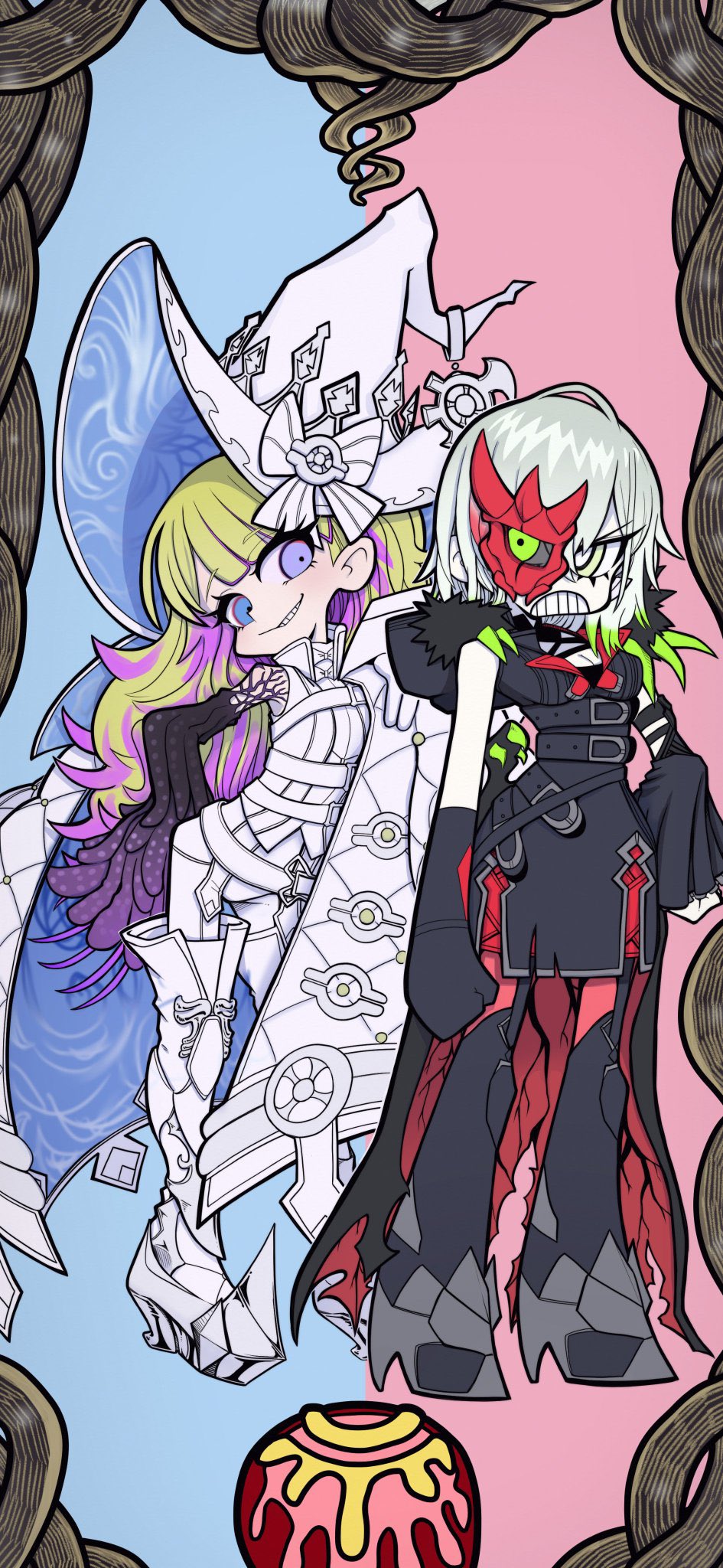 2girls angry blonde_hair blue_eyes bodysuit breasts cleavage commission diabellstar_the_black_witch diabellze_the_original_sinkeeper duel_monster gloves green_eyes green_hair grey_hair grin half_mask hat highres hood large_breasts long_hair mask medium_hair multicolored_hair multiple_girls pale_skin purple_hair skeb_commission smile streaked_hair white_bodysuit witch witch_hat yamasu_(tmy-0902) yu-gi-oh!