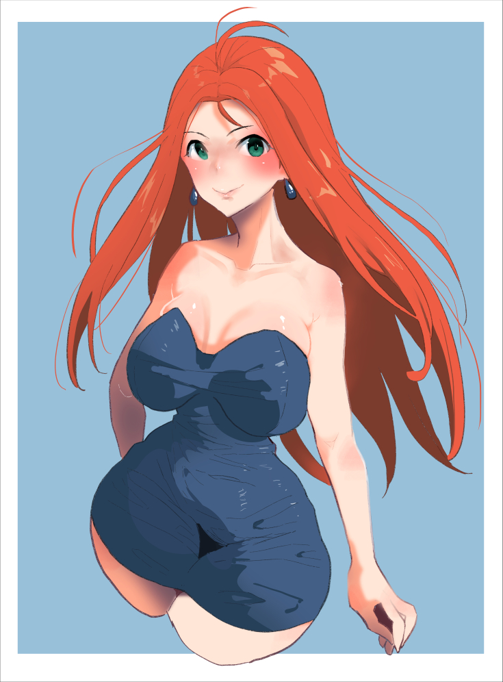 1girl :&gt; ahoge arms_at_sides bare_shoulders blue_background blue_dress blush breasts cleavage closed_mouth cropped_legs dress earrings female_focus floating_hair ghost_sweeper_mikami green_eyes jewelry large_breasts legs long_hair looking_at_viewer mattai_(38myyyy) mikami_reiko nose_blush red_hair simple_background smile solo strapless strapless_dress thighs