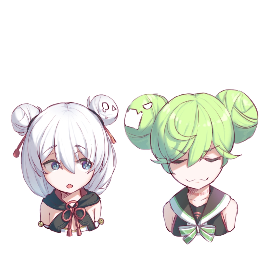 2girls :3 ai-chan_(honkai_impact) blue_eyes bow bowtie china_dress chinese_clothes closed_eyes closed_mouth double_bun dress green_bow green_bowtie green_hair hair_bun honkai_(series) honkai_impact_3rd multiple_girls open_mouth simple_background smug theresa_apocalypse theresa_apocalypse_(sugar_haw_child) theresa_apocalypse_(valkyrie_pledge) velcozz white_background white_hair